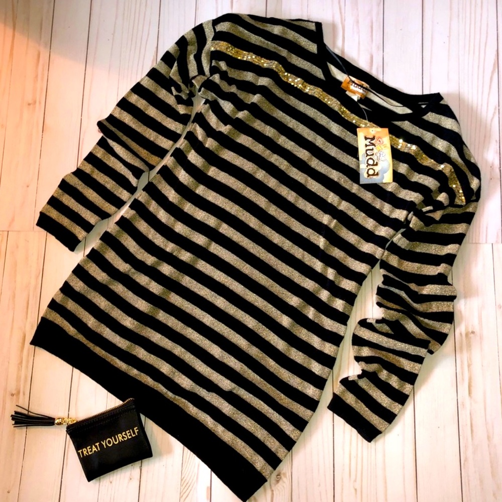 NWT MUDD Black & Gold Sparkle Sequin Striped Light Sweater MEDIUM